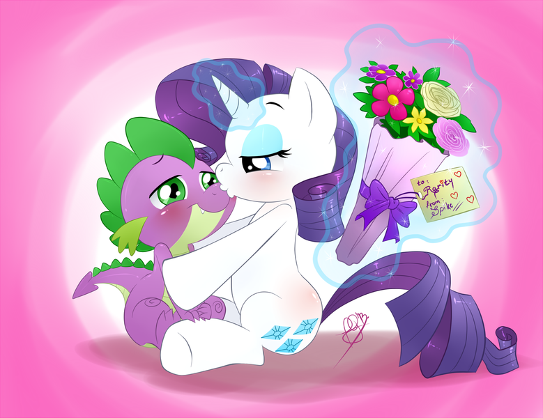 Size: 1558x1200 | Tagged: safe, artist:pia-sama, derpibooru import, rarity, spike, bouquet, female, kissing, male, shipping, sparity, straight
