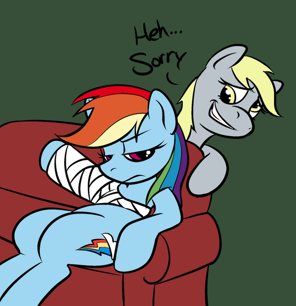 Size: 774x800 | Tagged: safe, artist:okiedokielowkey, derpibooru import, derpy hooves, rainbow dash, pegasus, pony, bandage, couch, dialogue, female, frown, glare, green background, grin, injured, leaning, mare, nervous, simple background, sitting, smiling, sorry, unamused