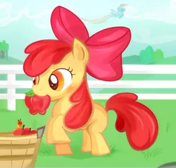 Size: 526x501 | Tagged: apple, apple bloom, artist:kiisuke, blushing, femce, mouth hold, pixiv, rainbow dash, safe, worm