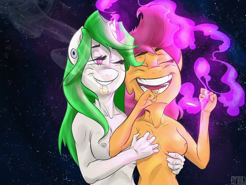 Size: 1280x960 | Tagged: anthro, artist:mcnims, breast fondling, breast grab, breasts, derpibooru import, drugs, female, grope, happy birthday, marijuana, nipples, nudity, oc, questionable, scootaloo, space