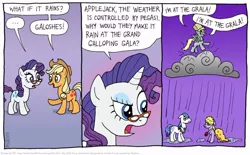 Size: 850x527 | Tagged: safe, artist:kturtle, derpibooru import, applejack, derpy hooves, lyrica lilac, rarity, pegasus, pony, cloud, comic, female, glasses, grand galloping gala, mare, rain, scene interpretation, wet