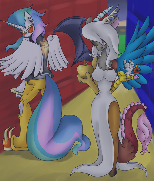 Size: 5340x6255 | Tagged: absurd resolution, alley, alleyway, anthro, apple, artist:reneesdetermination, busty eris, clothes, derpibooru import, discord, dress, eris, food, golden apple, mouse, plantigrade anthro, prince solaris, princess celestia, rule 63, safe, sunglasses