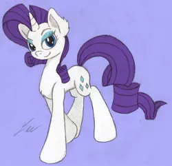 Size: 1500x1446 | Tagged: safe, artist:macmc2, derpibooru import, rarity, pony, unicorn, female, looking at you, mare, purple background, signature, simple background, smiling, solo