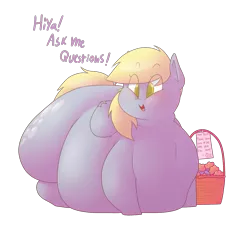 Size: 1200x1100 | Tagged: safe, artist:secretgoombaman12345, derpibooru import, derpy hooves, pegasus, pony, ask chubby diamond, aderpose, basket, blushing, fat, female, impossibly large butt, mare, morbidly obese, muffin, obese, plot, simple background, smiling, solo, transparent background