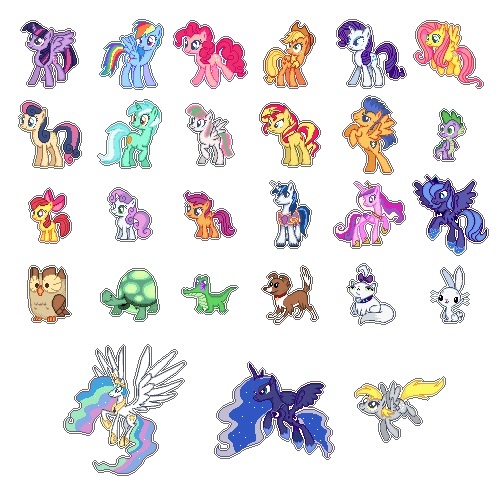 Size: 500x500 | Tagged: safe, artist:kevfin, derpibooru import, angel bunny, apple bloom, applejack, blossomforth, bon bon, flash sentry, fluttershy, gummy, lyra heartstrings, opalescence, owlowiscious, pinkie pie, princess cadance, princess celestia, princess luna, rainbow dash, rarity, scootaloo, shining armor, spike, sunset shimmer, sweetie belle, sweetie drops, tank, twilight sparkle, twilight sparkle (alicorn), winona, alicorn, pony, cutie mark crusaders, everypony, female, mane six, mare, pixel art, s1 luna, simple background, sprite, vector, white background