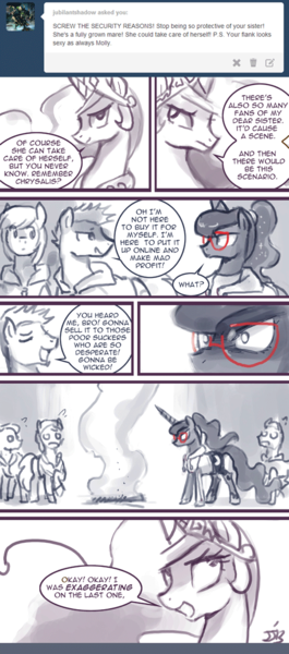 Size: 550x1245 | Tagged: safe, artist:johnjoseco, derpibooru import, princess celestia, princess luna, alicorn, pony, ask princess molestia, gamer luna, princess molestia, clothes, comic, glasses, jacket, smoke, tumblr