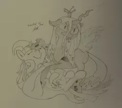 Size: 919x819 | Tagged: safe, artist:dek, derpibooru import, queen chrysalis, twilight sparkle, :p, consentacles, eyes closed, female, lesbian, petting, shipping, smiling, tentacles, tongue out, traditional art, twilight cat, twisalis