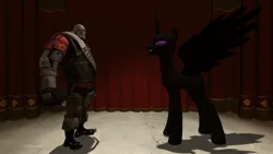 Size: 1366x768 | Tagged: safe, derpibooru import, ponified, alicorn, enderman, enderpony, pony, robot, 3d, endermane, endermare, gmod, heavy weapons guy, rule 63, stage, team fortress 2