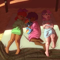 Size: 5000x5000 | Tagged: safe, artist:kevinsano, derpibooru import, part of a set, apple bloom, rainbow dash, scootaloo, sweetie belle, human, barefoot, barn, blanket, bottomless, breasts, clothes, cutie mark crusaders, dark, dark skin, delicious flat chest, diversity, eyes closed, feet, female, flatie belle, freckles, hay, hug, humanized, image, jpeg, light skin, moderate dark skin, nightgown, on back, open mouth, plushie, side, sleeping, sweater dress, young