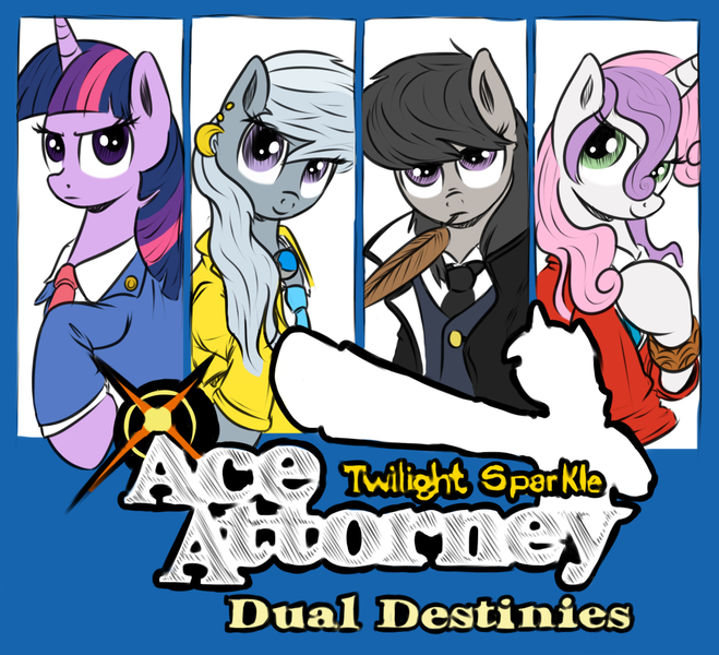 Size: 1000x911 | Tagged: ace attorney, apollo justice, artist:tiki2, artist:xioade, athena cykes, derpibooru import, octavia melody, older, parody, phoenix wright, safe, silver spoon, simon blackquill, sweetie belle, twilight sparkle