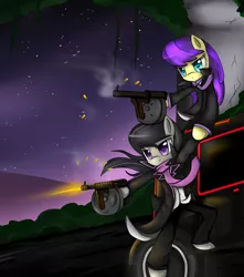 Size: 3100x3500 | Tagged: safe, artist:cyanaeolin, derpibooru import, octavia melody, symphony, earth pony, semi-anthro, car, clothes, duo, duo female, female, gun, mafia, submachinegun, tommy gun