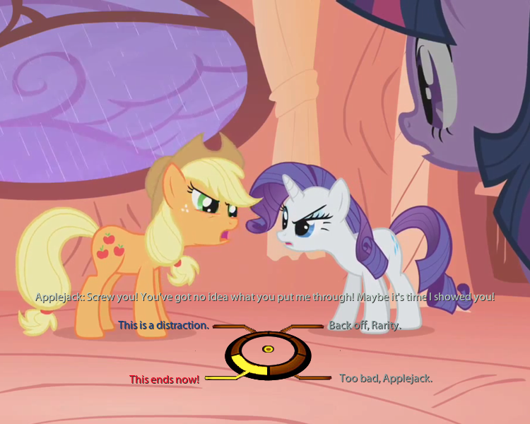 Size: 750x600 | Tagged: applejack, derpibooru import, dialogue wheel, edit, edited screencap, look before you sleep, mass effect, miranda lawson, parody, rarity, safe, screencap, twilight sparkle