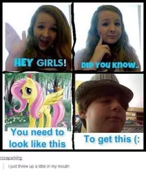 Size: 500x591 | Tagged: brony, derpibooru import, fedora shaming, fluttershy, hat, human, irl, irl human, parody, photo, safe, trilby