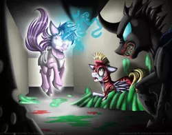 Size: 2300x1800 | Tagged: semi-grimdark, artist:inuhoshi-to-darkpen, derpibooru import, amethyst star, cloud kicker, changeling, pegasus, pony, unicorn, fanfic:the life and times of a winning pony, winningverse, armor, blood, fanfic art, floating, floppy ears, fluffy, glowing eyes, magic, open mouth, sharp teeth, unshorn fetlocks, wide eyes