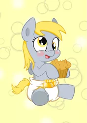 Size: 883x1248 | Tagged: safe, artist:artiecanvas, derpibooru import, derpy hooves, pony, artiecanvas is trying to murder us, baby, baby pony, blushing, cute, cutie mark diapers, derpabetes, diaper, foal, muffin, poofy diaper, solo