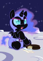 Size: 883x1248 | Tagged: safe, artist:artiecanvas, derpibooru import, nightmare moon, pony, baby, baby pony, blue diaper, cake, cakelestia, cute, diaper, filly, foal, food, moon, moon pie, nightmare woon, poofy diaper, solo