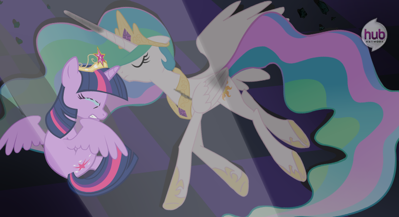 Size: 920x500 | Tagged: safe, artist:maxdash, derpibooru import, princess celestia, twilight sparkle, twilight sparkle (alicorn), alicorn, pony, season 4, bad end, big crown thingy, crying, dead, deadlestia, element of magic, female, hub logo, hub network, hubble, implied death, mare, scene interpretation, the hub