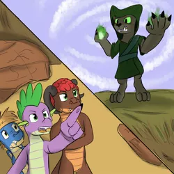 Size: 1280x1280 | Tagged: artist:fuzebox, clothes, comic, derpibooru import, diamond dog, dragon, fireball, green, oc, oc:magma, oc:sharp, older, older spike, pointing, robe, safe, semi-anthro, spike, spike's journey, teenaged dragon, teenager