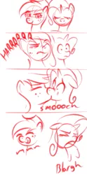 Size: 269x542 | Tagged: safe, artist:kloudmutt, derpibooru import, applejack, rarity, disgusted, female, kissing, lesbian, monochrome, one-sided, rarijack, shipping, vomit