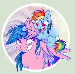 Size: 2424x2387 | Tagged: safe, artist:graystripe64, derpibooru import, firefly, rainbow dash, pegasus, pony, buzzing wings, family, female, filly, firefly as rainbow dash's mom, foal, g1, g1 to g4, g4, generation leap, mare, mother, mother and child, mother and daughter, raised eyebrow, riding, wings, younger