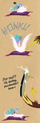 Size: 1473x4443 | Tagged: animal, annoyed, artist:grievousfan, bad touch, celestia is not amused, comic, derpibooru import, discord, discord being discord, egg, golden egg, goose, gooselestia, gritted teeth, grope, honk, molestation, open mouth, oviposition, personal space invasion, pillow, pouting, princess celestia, safe, smiling, species swap, spread wings, swanlestia, this will end in pain, this will end in petrification, wide eyes