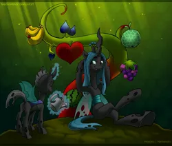 Size: 1061x900 | Tagged: artist:merionminor, banana, changeling, changeling loves watermelon, commission, derpibooru import, duo, food, fruit, grapes, hooves behind head, leaning back, queen chrysalis, safe, sitting, super happy tree, super mario bros., watering can, watermelon, yoshi's story