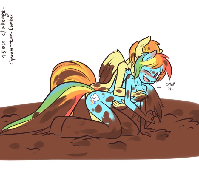 Size: 1000x900 | Tagged: 30 minute art challenge, anthro, artist:garam, blushing, breast grab, breasts, faceless female, female, grope, lesbian, mud, mud wrestling, nude wrestling, nudity, offscreen character, questionable, rainbow dash, shipping, spitdash, spitfire, unguligrade anthro, wrestling