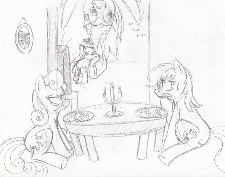 Size: 3000x2368 | Tagged: dead source, safe, artist:enigmaticfrustration, derpibooru import, bon bon, derpy hooves, lyra heartstrings, roseluck, sweetie drops, pegasus, pony, angry, bon bon is not amused, candle, eating, female, flower, food, frown, glare, grin, gritted teeth, lesbian, looking up, lyraderp, mare, meal, monochrome, muffin, nervous, nom, rosebon, shipping, sitting, smirk, spread wings, sweat, table, television, traditional art, upside down, wide eyes