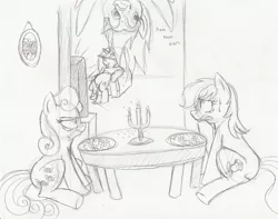 Size: 3000x2368 | Tagged: dead source, safe, artist:enigmaticfrustration, derpibooru import, bon bon, derpy hooves, lyra heartstrings, roseluck, sweetie drops, pegasus, pony, angry, bon bon is not amused, candle, eating, female, flower, food, frown, glare, grin, gritted teeth, lesbian, looking up, lyraderp, mare, meal, monochrome, muffin, nervous, nom, rosebon, shipping, sitting, smirk, spread wings, sweat, table, television, traditional art, upside down, wide eyes