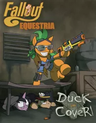 Size: 750x960 | Tagged: artist:captainhoers, derpibooru import, duck and cover, edit, fallout equestria, fanfic art, goggles, nerf, oc, oc:atom smasher, oc:shooting star, semi-grimdark, shutter shades, unofficial characters only