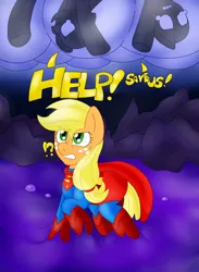 Size: 2334x3194 | Tagged: app-el, applejack, artist:blackbewhite2k7, cave, cocoon, commission, cover, crossover, oc, oc:anon, pod, safe, slime, stuck, superhero, superman, supermare, trapped