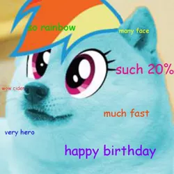 Size: 528x528 | Tagged: derpibooru import, doge, happy birthday, meme, rainbow dash, safe, shiba inu, shibe, solo, wow