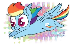 Size: 1024x632 | Tagged: safe, artist:natalistudios, derpibooru import, rainbow dash, pegasus, pony, chibi, female, flying, signature, simple background, smiling, solo, transparent background