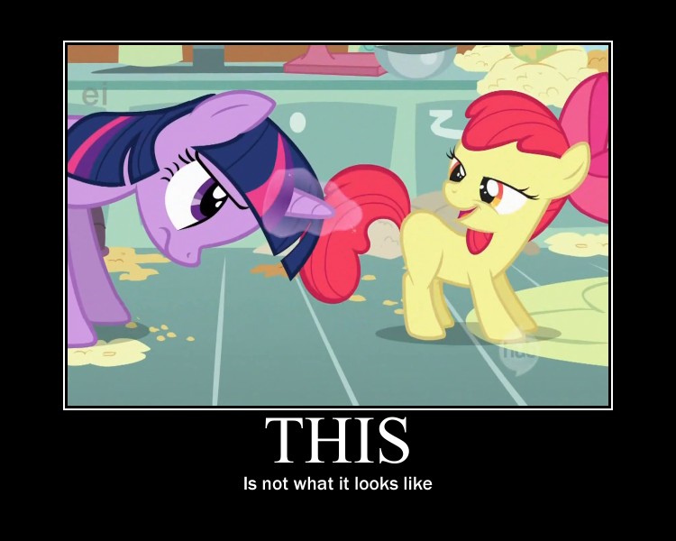 Size: 750x600 | Tagged: apple bloom, call of the cutie, caption, demotivational poster, derpibooru import, edit, edited screencap, implied, magic, meme, out of context, safe, screencap, twilight sparkle