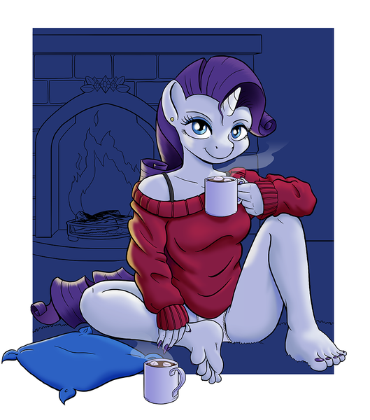 Size: 1000x1135 | Tagged: anthro, artist:muffinshire, barefoot, breasts, clothes, derpibooru import, earring, feet, female, fingernails, fire, horn, hot chocolate, marshmallow, nail polish, off shoulder, panties, piercing, pillow, plantigrade anthro, rarity, smiling, solo, suggestive, sweater, underwear, wip