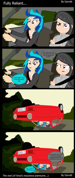 Size: 1975x4690 | Tagged: safe, artist:garretthegarret, derpibooru import, octavia melody, vinyl scratch, equestria girls, car, comic, crash, humanized, light skin, reliant, reliant robin, upside down