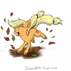 Size: 894x894 | Tagged: applejack, artist:jigglybelle, cute, derpibooru import, eyes closed, jackabetes, jumping, leaves, safe, solo, unshorn fetlocks