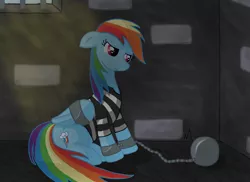 Size: 894x650 | Tagged: artist:ajfive, ball and chain, bound wings, clothes, derpibooru import, prison, prisoner rd, prison outfit, prison stripes, rainbow dash, sad, safe, shackles, solo