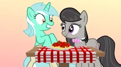 Size: 1264x702 | Tagged: safe, derpibooru import, lyra heartstrings, octavia melody, earth pony, pony, unicorn, clothes, female, lesbian, meatballs, octyra, pants, pasta, ponies eating meat, shipping, spaghetti