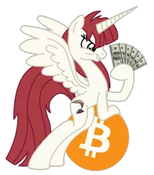 Size: 2728x3096 | Tagged: safe, derpibooru import, oc, oc:fausticorn, unofficial characters only, alicorn, pony, bipedal leaning, bitcoin, capitalism, cryptocurrency, dollar, dollars, federal reserve note, grin, image, lauren faust, money, png, smiling, solo, spread wings