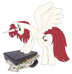 Size: 1870x1934 | Tagged: safe, derpibooru import, oc, oc:fausticorn, unofficial characters only, alicorn, pony, briefcase, briefcase full of money, capitalism, dollar, dollars, dosh, federal reserve note, lauren faust, money, solo