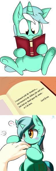 Size: 499x1526 | Tagged: artist:ranban, artist:strangiesleepy, book, cute, derpibooru import, hand, hand fetish, human, human fetish, licking, lyra heartstrings, pixiv, poem, poet:lord byron, poetry, reading, safe