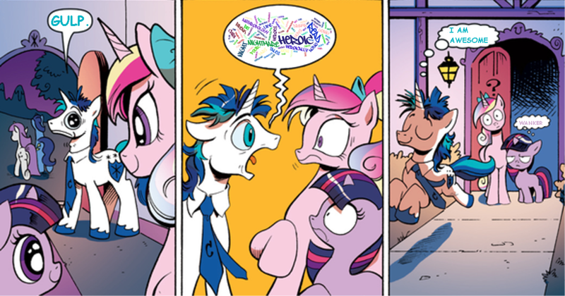 Size: 1170x614 | Tagged: artist:andypriceart, comic, derpibooru import, edit, exploitable meme, idw, meme, princess cadance, safe, screaming armor, shining armor, text edit, twilight sparkle, twilight velvet, word cloud