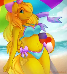 Size: 905x1000 | Tagged: alicorn, alicorn oc, anthro, anthro oc, artist:vella, beach, beach ball, belly button, bicolor swimsuit, bikini, blue swimsuit, bow, bow swimsuit, clothes, derpibooru import, frilled swimsuit, midriff, oc, oc:ticket, safe, solo, swimsuit, umbrella, unofficial characters only