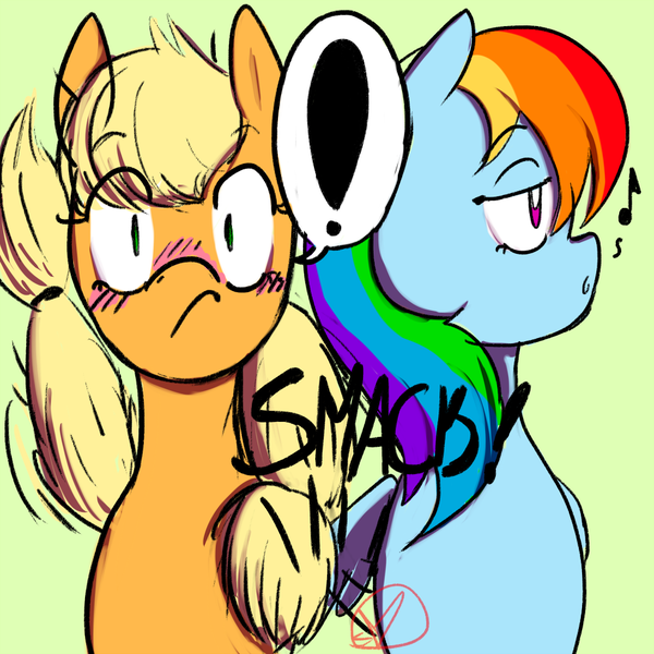 Size: 1000x1000 | Tagged: safe, artist:ryuredwings, derpibooru import, applejack, rainbow dash, appledash, applejack is a spankaholic, blushing, butt touch, exclamation point, feathermarking, female, lesbian, never doubt tchernobog's involvement, shipping, spanking, surprised, wingspank