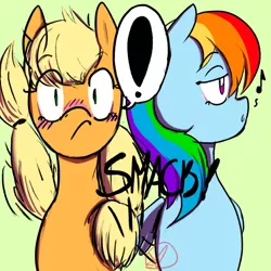 Size: 1000x1000 | Tagged: safe, artist:ryuredwings, derpibooru import, applejack, rainbow dash, appledash, applejack is a spankaholic, blushing, butt touch, exclamation point, feathermarking, female, lesbian, never doubt tchernobog's involvement, shipping, spanking, surprised, wingspank