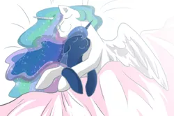 Size: 600x398 | Tagged: artist:yoonny92, bed, cuddling, cute, cutelestia, derpibooru import, eyes closed, princess celestia, princess luna, safe, sheet, sleeping, smiling, snuggling