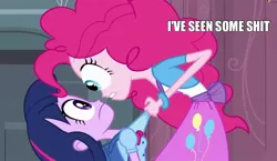 Size: 1800x1045 | Tagged: safe, derpibooru import, pinkie pie, twilight sparkle, equestria girls, eye bulging, image macro, reaction image, vulgar