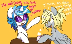 Size: 500x307 | Tagged: safe, artist:lolopan, derpibooru import, derpy hooves, vinyl scratch, pegasus, pony, alternate hairstyle, dub trot, female, mare, necklace, tea, tumblr