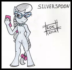 Size: 800x774 | Tagged: safe, artist:rdk, derpibooru import, silver spoon, anthro, earth pony, unguligrade anthro, braid, braided tail, female, glasses, phone, solo, traditional art